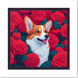 Dogs, corgi and flowers, dog, style vector (red version corgi) Posters and Art